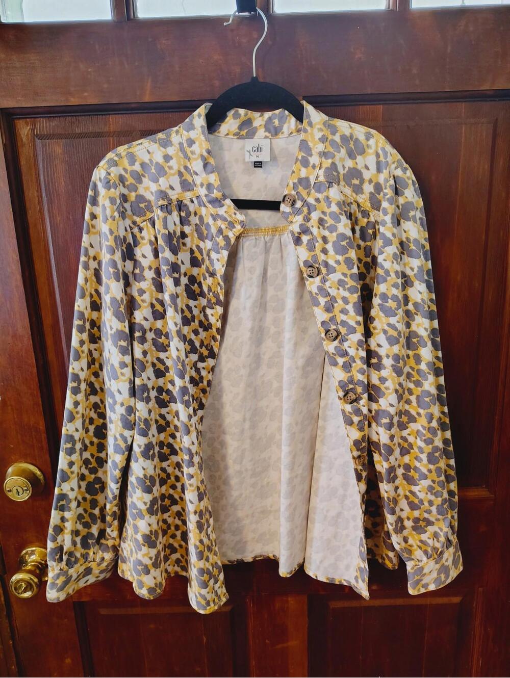Cabi Providence Shirt Jacket in a gray, white, and yellow print